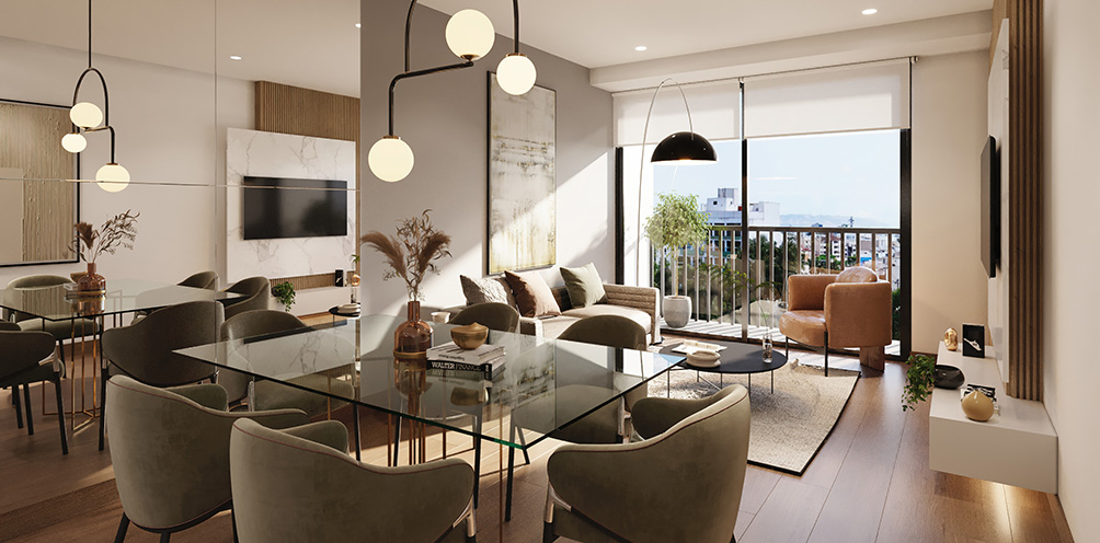 Sala comedor del proyecto Rosario, con depas en venta en Miraflores de estilo moderno y luminoso.