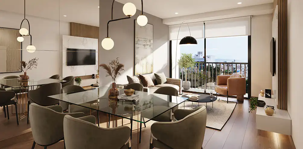 Sala comedor del proyecto Rosario, con depas en venta en Miraflores de estilo moderno y luminoso.